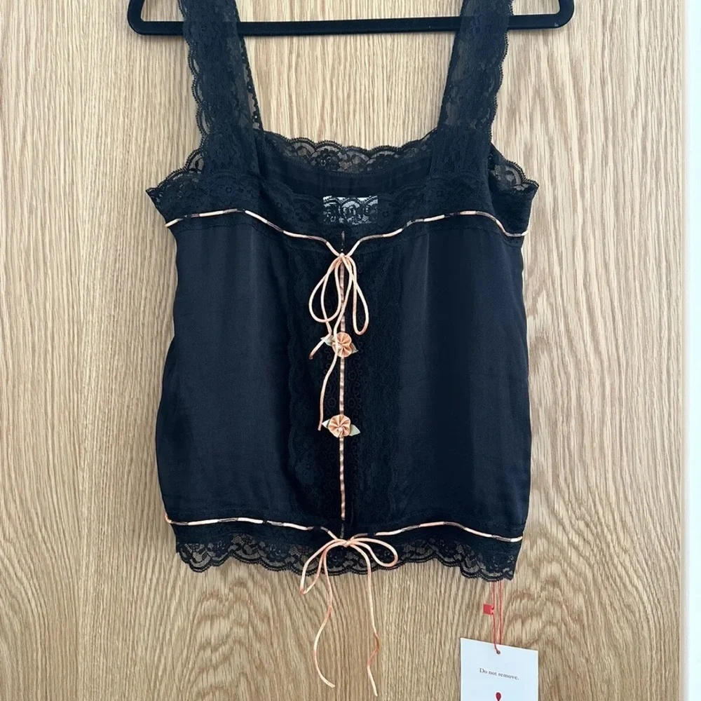 ROUJE TOP CAMI BRAND NEW WITH TAGS SUMMER LACE ROSE SILK BLACK PINK UK10 M EU38 - Picture 9 of 11